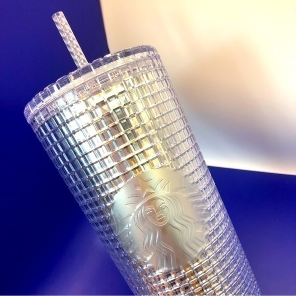 Starbucks 🖤 Silver Disco Mirror Grid Studded Cold Cup, Silver & White, 24oz